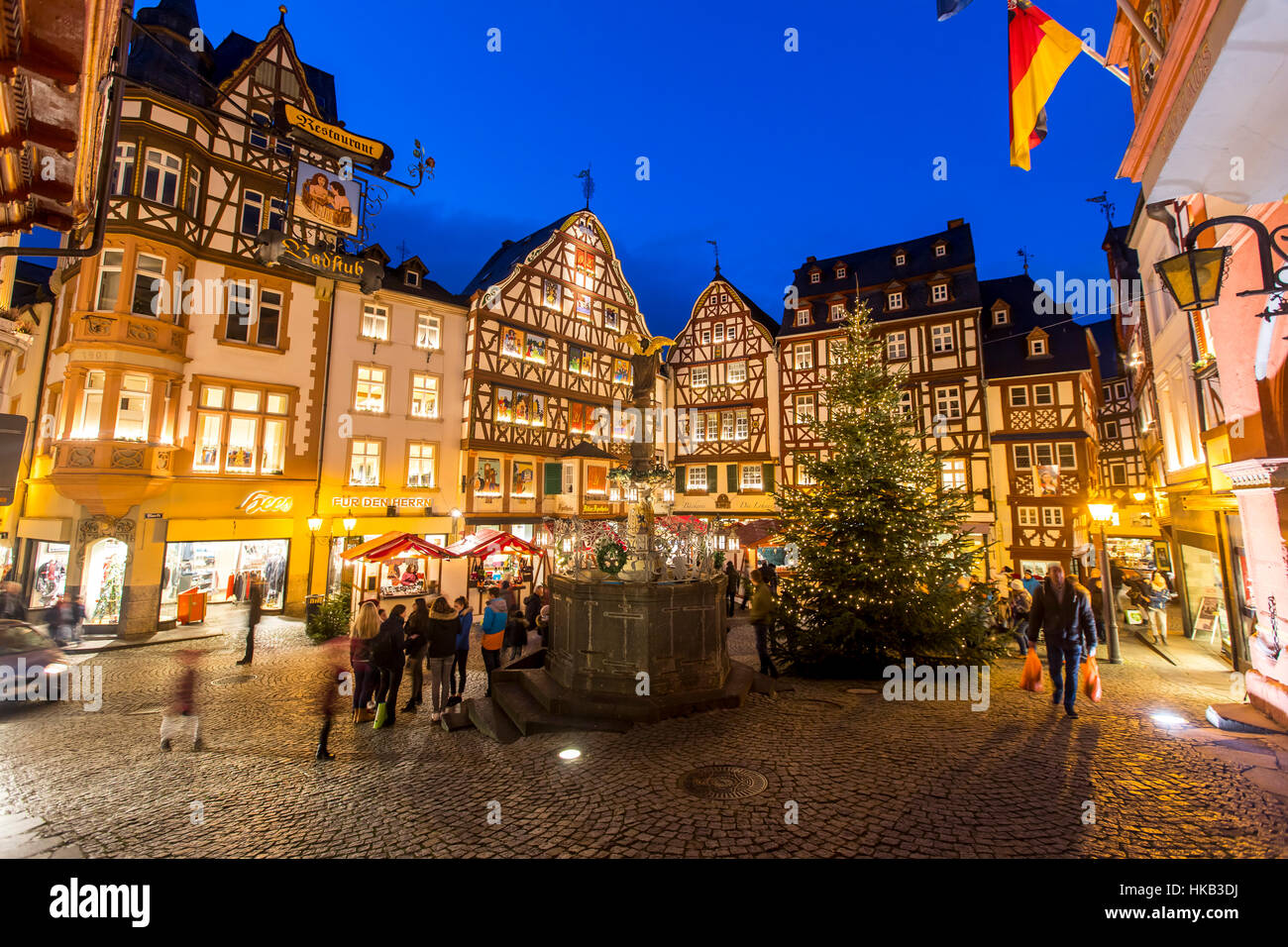 Christmas market in the old town of Bernkastel-Kues, Germany, Moselle valley, Stock Photo