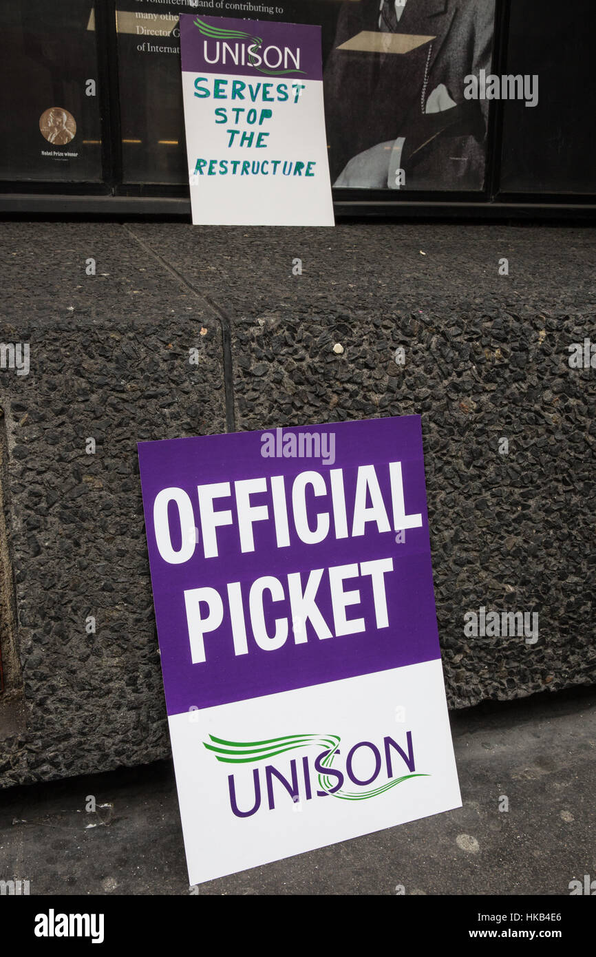 London, UK. 26th January, 2017. Placards on the picket line for UNISON