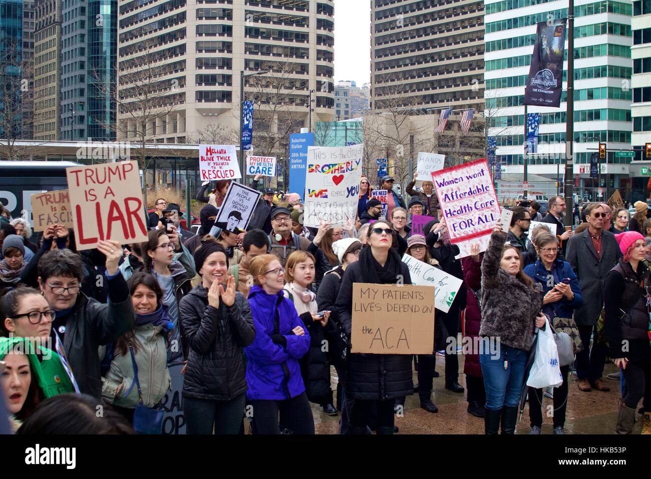 Philadelphia, USA. 26th Jan, 2017.   Thousands protest President Donald J. Trump’s visit to Philadelphia. Republican leaders have convened in the city for three days of closed-door strategizing. Credit: Jana Shea/Alamy Live News Stock Photo