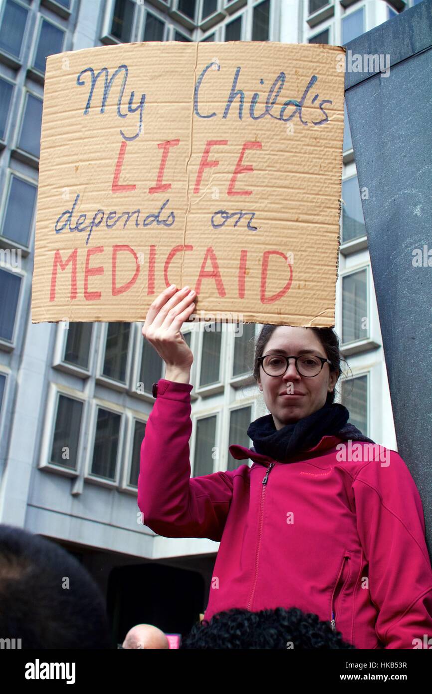 Philadelphia, USA. 26th Jan, 2017.   A woman whose child's life depends on Medicaid protests against the repeal of the Affordable Care Act and loss of Medicaid-expansion. Credit: Jana Shea/Alamy Live News Stock Photo