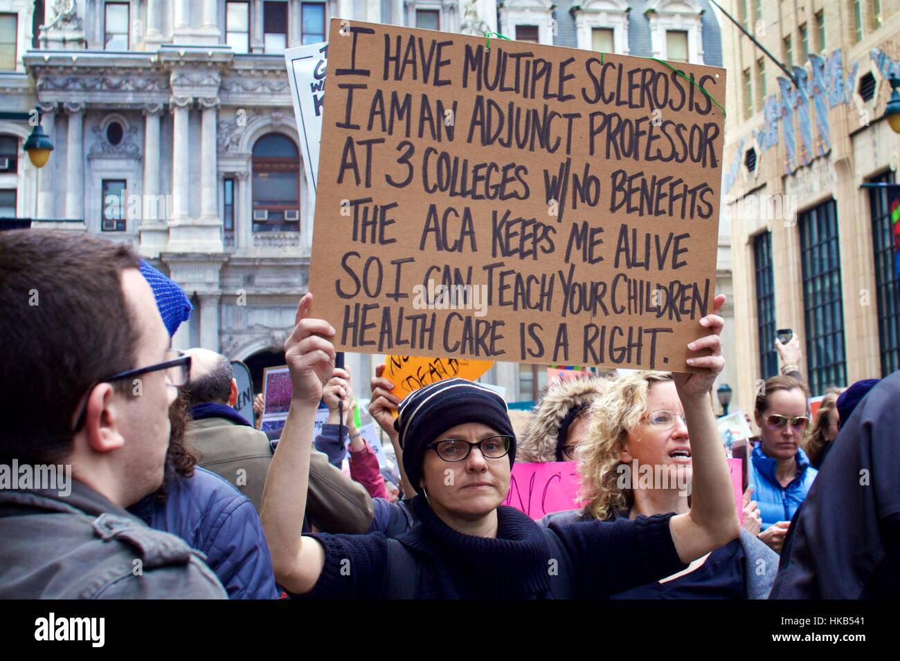 Philadelphia, USA. 26th Jan, 2017.   A woman with multiple sclerosis protests against the repeal of the Affordable Care Act protections for those with pre-existing conditions. Credit: Jana Shea/Alamy Live News Stock Photo
