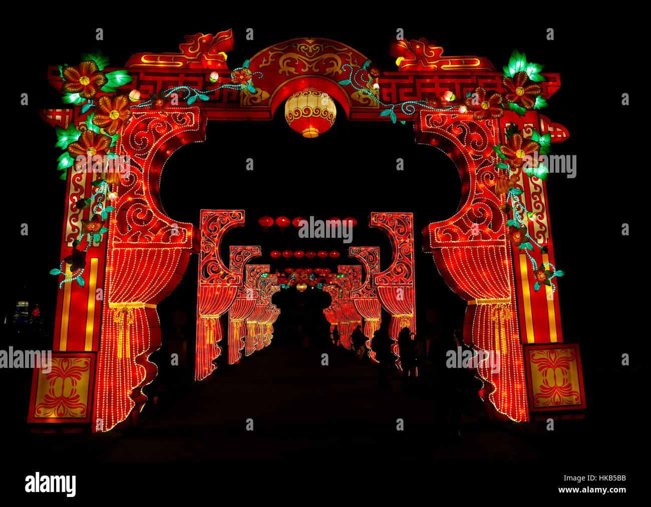 London, Britain. 26th Jan, 2017. Visitors walk past light installations in Chiswick House Gardens during the Magical Lantern Festival in London, Britain.  Hundreds of giant illuminated lanterns are on display until Feb. 26. Credit: Han Yan/Xinhua/Alamy Live News Stock Photo