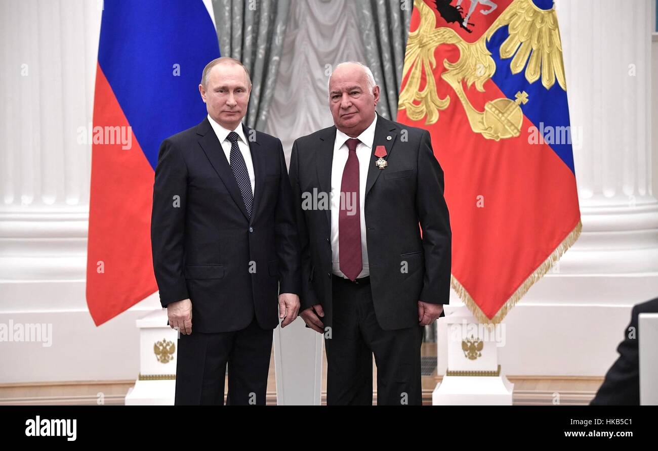Moscow Russia 26th Jan 2017 Russian President Vladimir Putin Stands With Mikhail Davydov Director Of The N N Blokhin Russian Cancer Research Centre After Awarding Him The Order For Services To The Fatherland