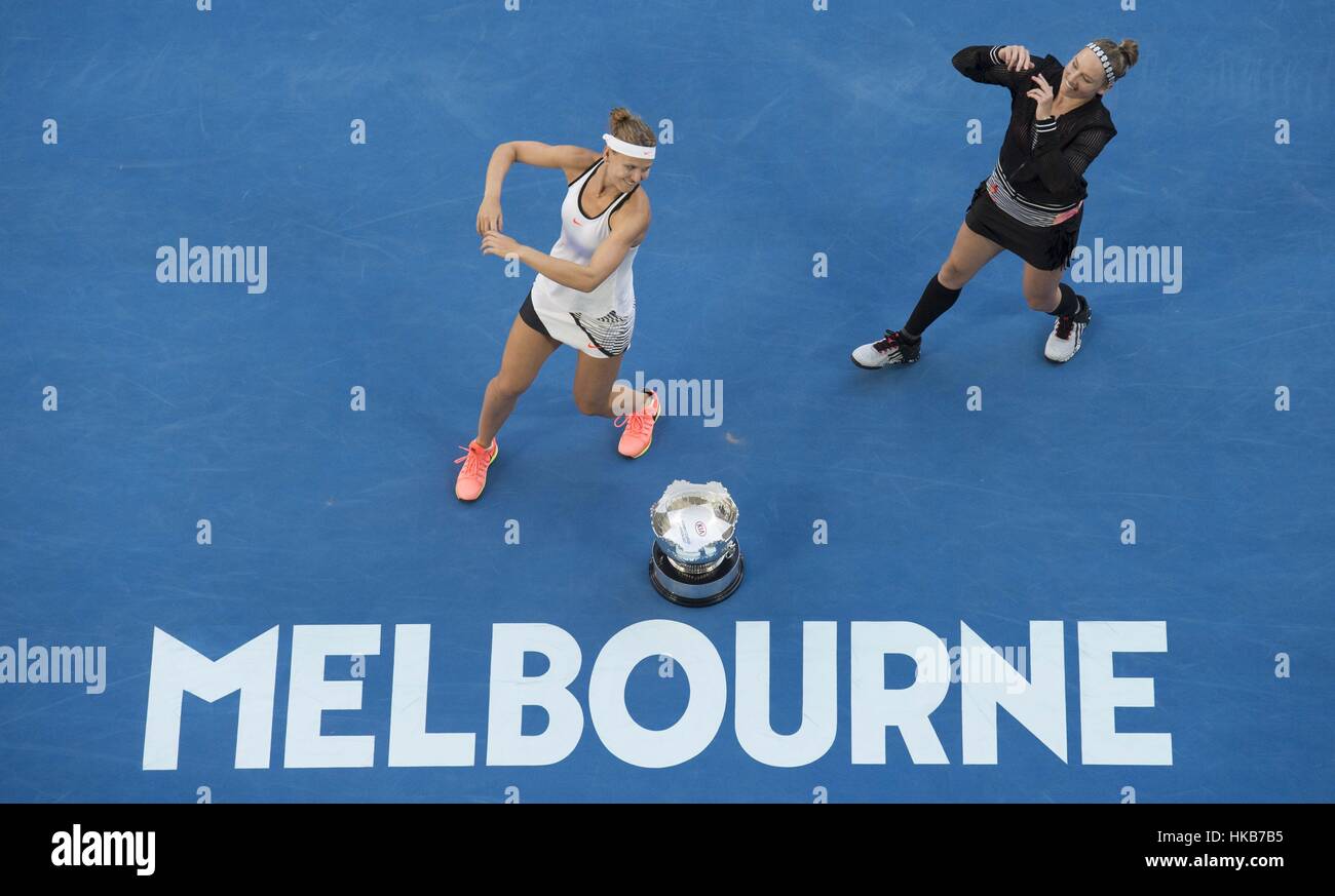 Melbourne, Australia. 26th Jan, 2017. Bethanie Mattek-Sands (R) of the U.S. and Lucie Safarova of the Czech Republic perform a dance during the awarding ceremony for the women's doubles final at the Australian Open tennis championships in Melbourne, Australia, Jan. 26, 2017. Credit: Lui Siu Wai/Xinhua/Alamy Live News Stock Photo