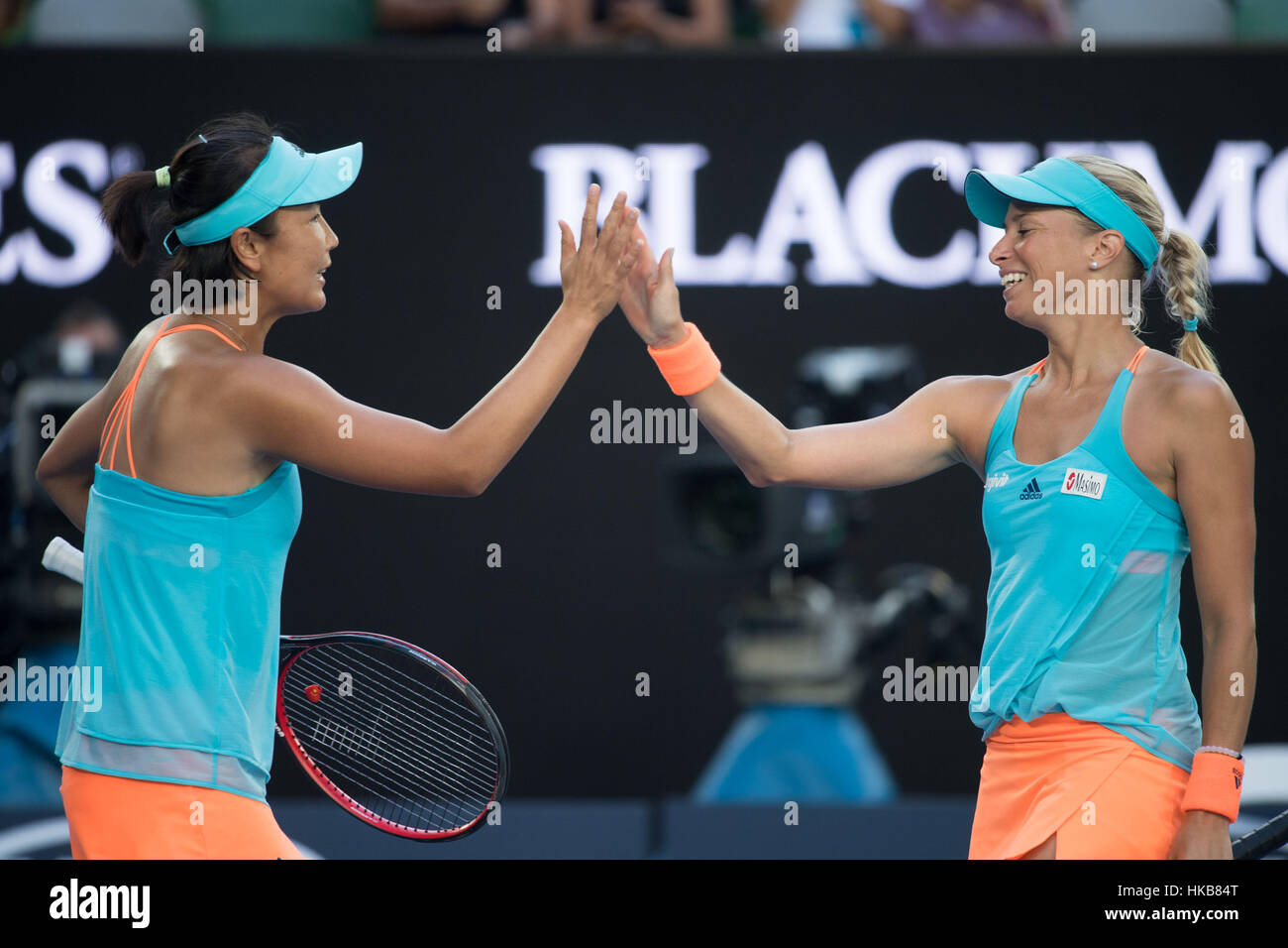 Melbourne, Australia. 27th Jan, 2017. Andrea Hlavackova of the Czech Republic and Peng Shuai (L) of China clap hands during the women's doubles final against Bethanie Mattek-Sands of the U.S. and Lucie Safarova of the Czech Republic at the Australian Open tennis championships in Melbourne, Australia, Jan. 27, 2017. Bethanie Mattek-Sands of the U.S. and Lucie Safarova of the Czech Republic won 2-1. Credit: Bai Xue/Xinhua/Alamy Live News Stock Photo