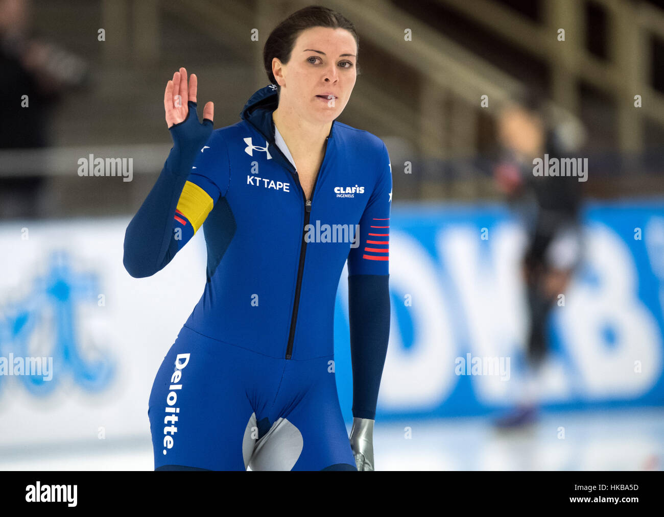 Berlin, Germany. 27th Jan, 2017. Heather Bergsma from the US reacts