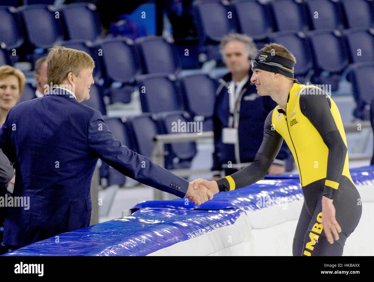Heerenveen, The Netherlands. 27th January 2017. HM King Willem Alexander of  the Netherlands and Sven Kramer at the renewed Thialf in Heerenveen, on  January 27, 2017, The King will perform the opening