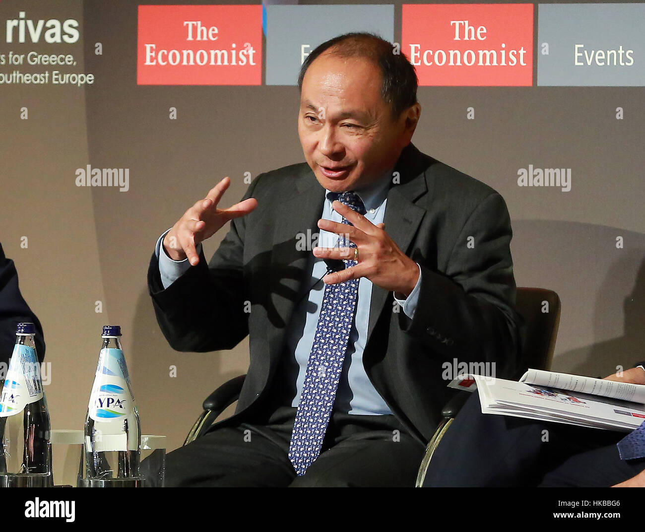 Athens, Greece. 27th Jan, 2017. American political scientist, political economist and author, Francis Fukuyama takes part in a debate on titled 'America and Europe in the World' organized by the 'Economist' in Athens, Greece. Credit: Elias Verdi/Alamy Live News Stock Photo