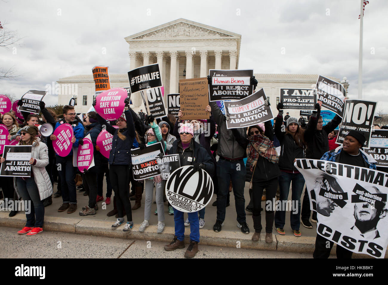 Washington, DC, USA. 27th January, 2017.Thousands of pro-life activists march from the National Mall to the Supreme Court building for the annual Pro-Life March.  Many pro-choice activists also gather in front of the Supreme Court, where both sides protest side by side. Credit: B Christopher/Alamy Live News Stock Photo