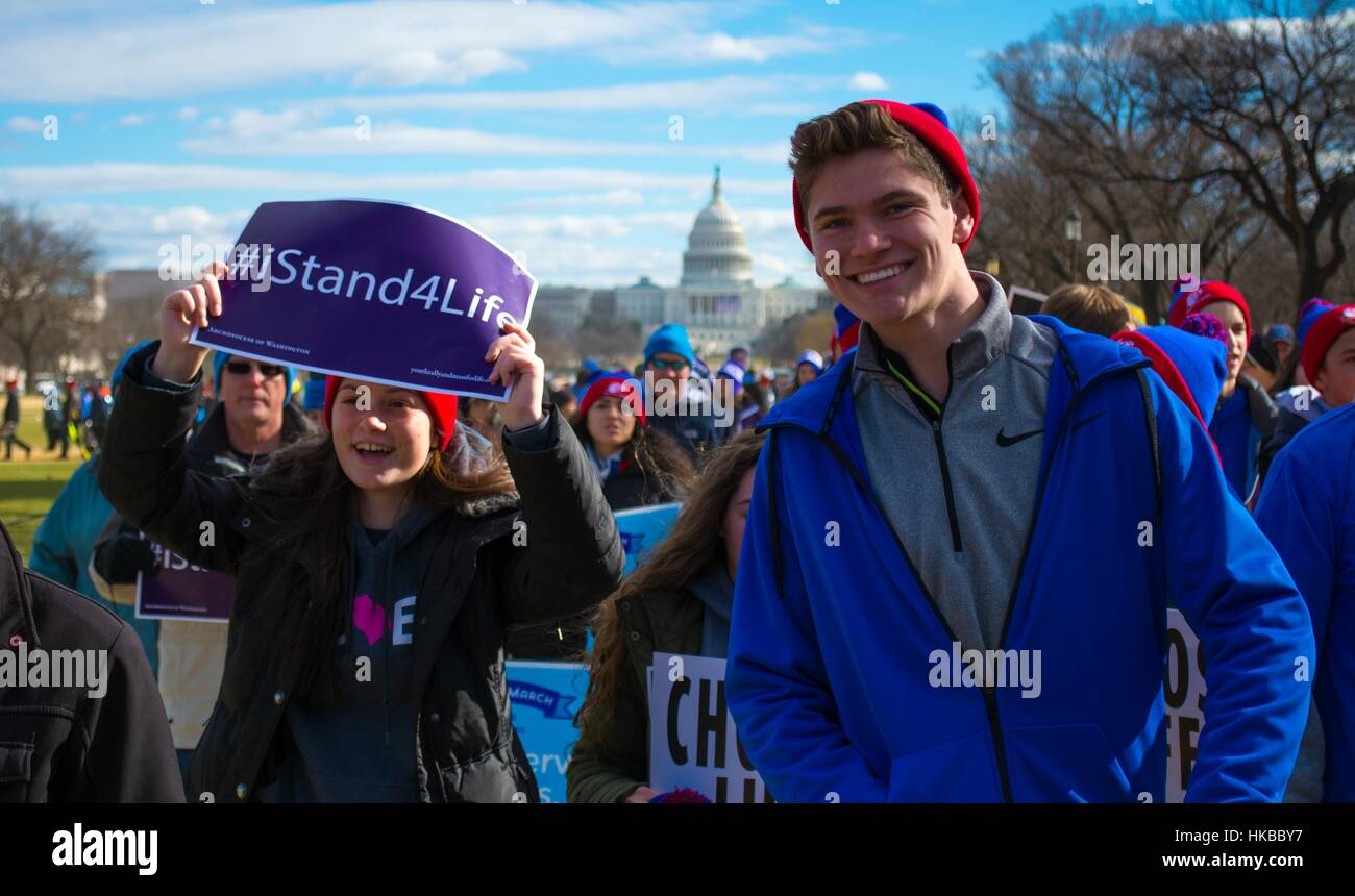 Washington, DC, USA. 27th Jan, 2017. Thousands participate to the March for life, an annual rally protesting abortion, held in Washington, DC. Pro-life activists gather at the Washington Monument to hear Vice President Mike Pence speak. Mike Pence is the first vice president to address the decades-old annual rally that abortion-rights opponents Credit: Dimitrios Manis/ZUMA Wire/Alamy Live News Stock Photo