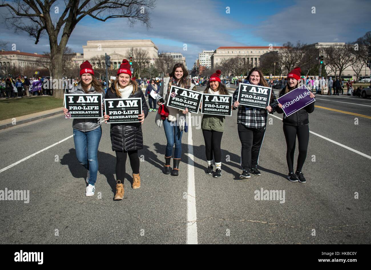 Washington, DC, USA. 27th Jan, 2017. Thousands participate to the March for life, an annual rally protesting abortion, held in Washington, DC. Pro-life activists gather at the Washington Monument to hear Vice President Mike Pence speak. Mike Pence is the first vice president to address the decades-old annual rally that abortion-rights opponents Credit: Dimitrios Manis/ZUMA Wire/Alamy Live News Stock Photo