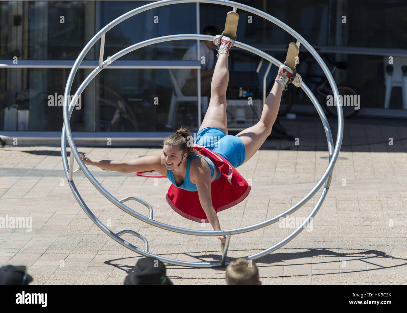Christchurch, New Zealand. 28th Jan, 2017. Street performer Hannah Cryle of Melbourne, Australia, performs her Big Wheel Show at the World Buskers Festival. Buskers from around the world performed at the event, which ran Jan. 19-29. Credit: PJ Heller/ZUMA Wire/Alamy Live News Stock Photo