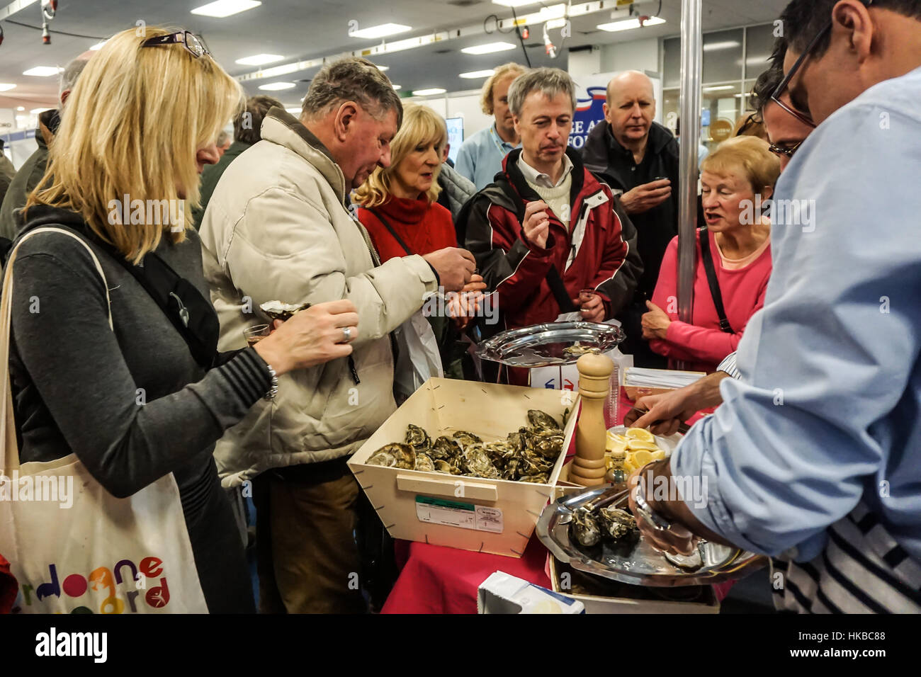 London, UK. 27th January, 2017. Chefs demonstration Oyster tasting of Bretagne tourism at The France Show 2017 at Olympia London chef demonstration. Credit: See Li/Alamy Live News Stock Photo