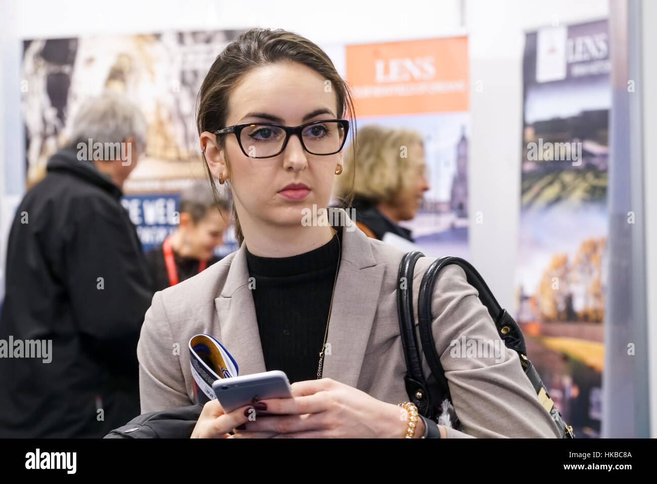 London, UK. 27th January, 2017. Visitors attend The France Show 2017 at Olympia London. All types of french life were on display at the France Show. Various food and drink companies had stands with samples for people to try and buy. Property companies had houses for sale.  . Credit: See Li/Alamy Live News Stock Photo