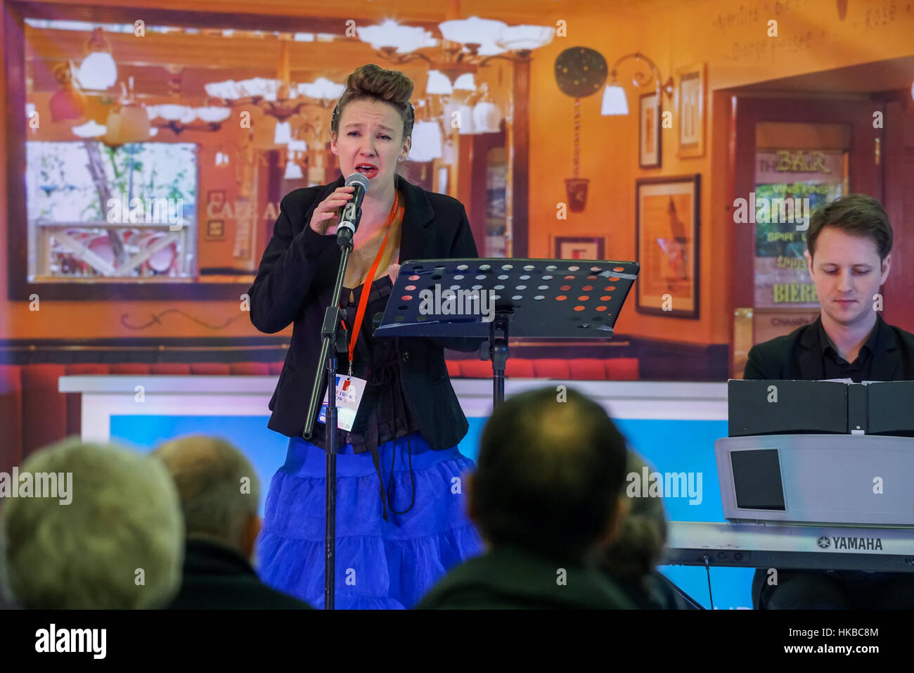 London, UK. 27th January, 2017. Lilly Zazou and her band has a unique take on inter-war French jazz and chanson preforms at The France Show 2017 at Olympia London chef demonstration. Credit: See Li/Alamy Live News Stock Photo