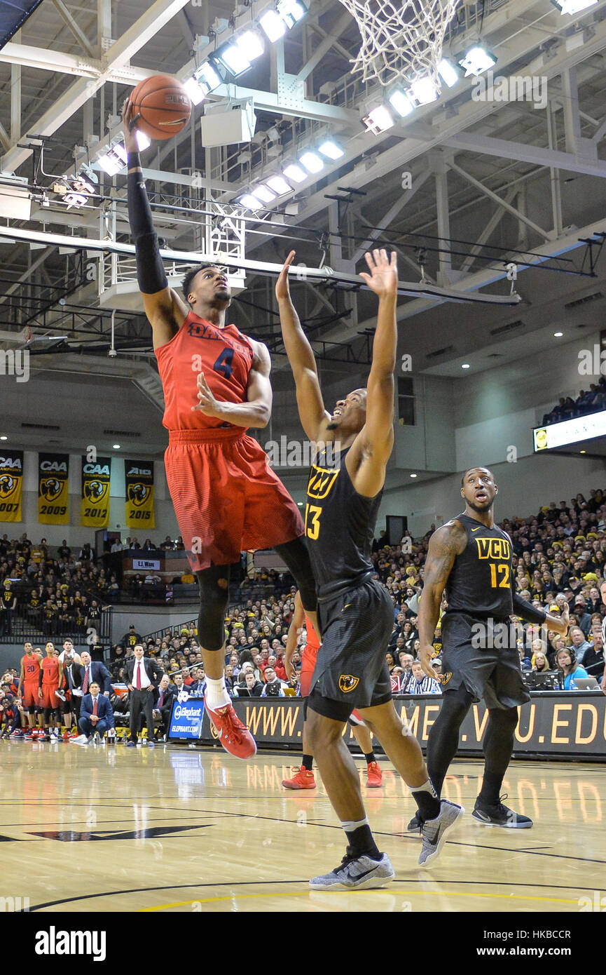 Richmond, USA. 27th Jan, 2017. Charles Cooke (4) attempts to make a basket against defender Malik Crowfield (13) during the first half of the game held at E.J. Wade Arena at the Stuart C. Siegel Center, Richmond, Virginia. Credit: Amy Sanderson/ZUMA Wire/Alamy Live News Stock Photo