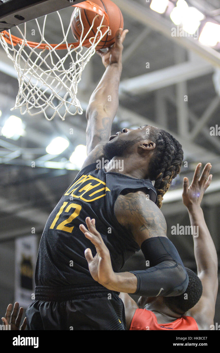 Richmond, USA. 27th Jan, 2017. Mo Alie-cox (12) attempts a layup during the second half of the game held at E.J. Wade Arena at the Stuart C. Siegel Center, Richmond, Virginia. Credit: Amy Sanderson/ZUMA Wire/Alamy Live News Stock Photo