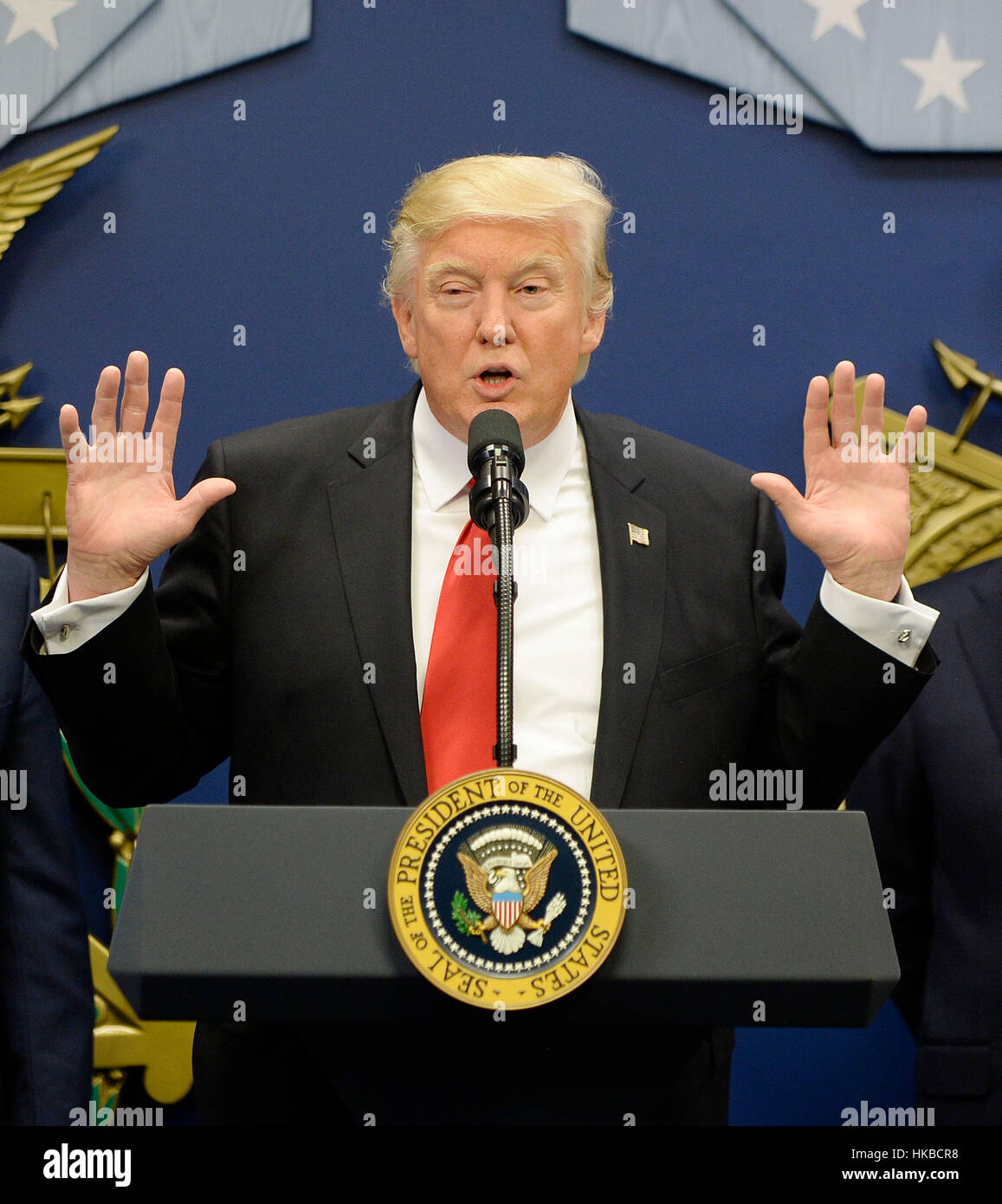 Washington DC, USA. 27th Jan, 2017. United States President Donald Trump speaks before signing Executive Orders in the Hall of Heroes at the Department of Defense in Virginia, January 27, 2017. Credit: Olivier Douliery/Pool via CNP /MediaPunch Credit: MediaPunch Inc/Alamy Live News Stock Photo