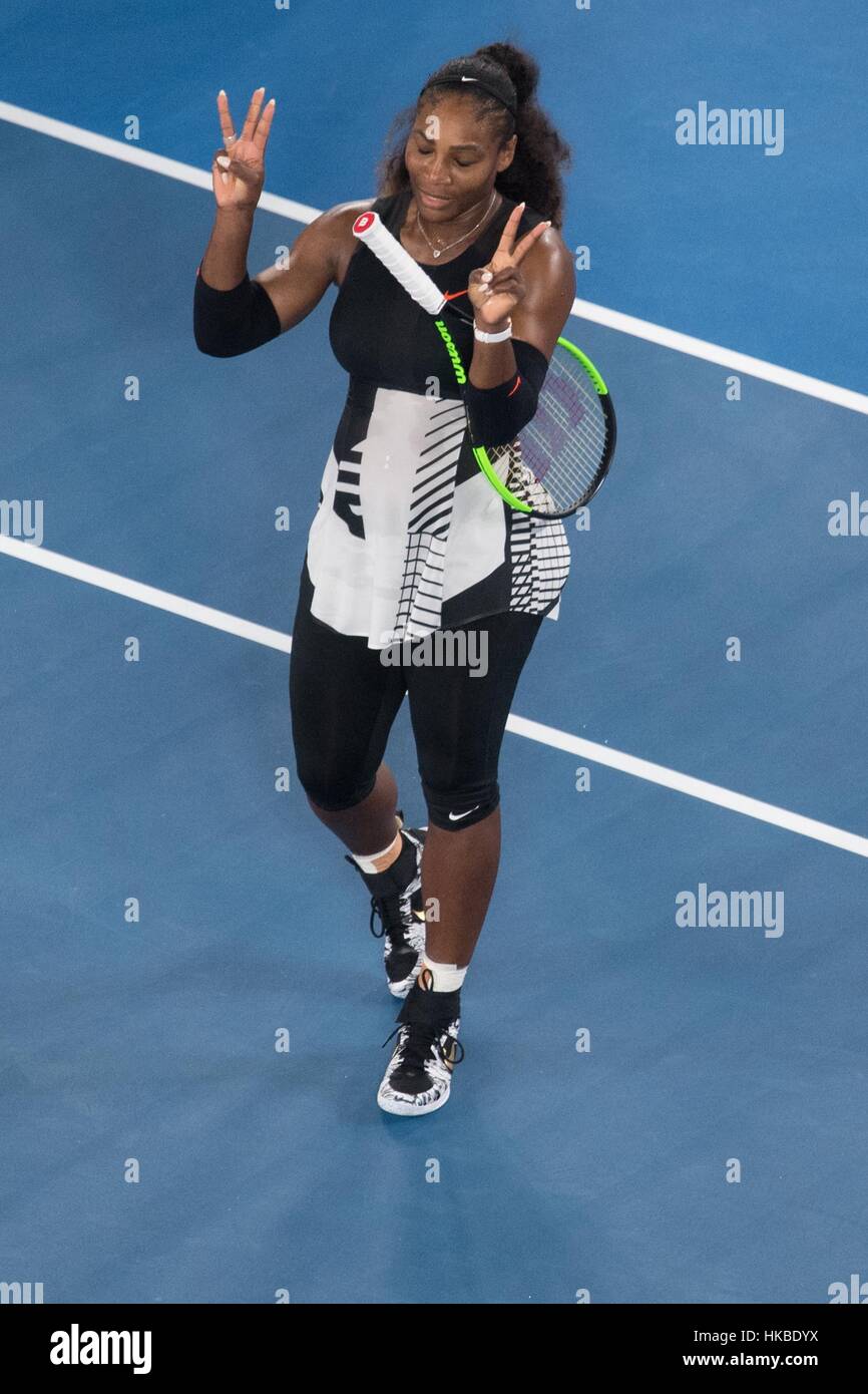 Melbourne, Australia. 28th Jan, 2017. Serena Williams of the United States  celebrates after winning the women's singles final match against her sister  Venus Williams at the Australian Open tennis championships in Melbourne,