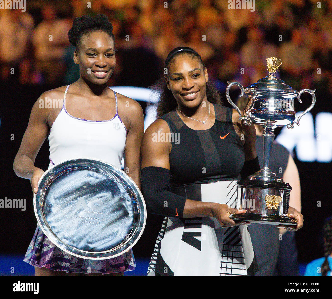 Melbourne, Australia. 29th Jan, 2017. Serena Williams of the USA won her  23rd Grand Slam title at the 2017 Australian Open against her sister Venus  Williams and presents the Daphne Akhurst Memorial