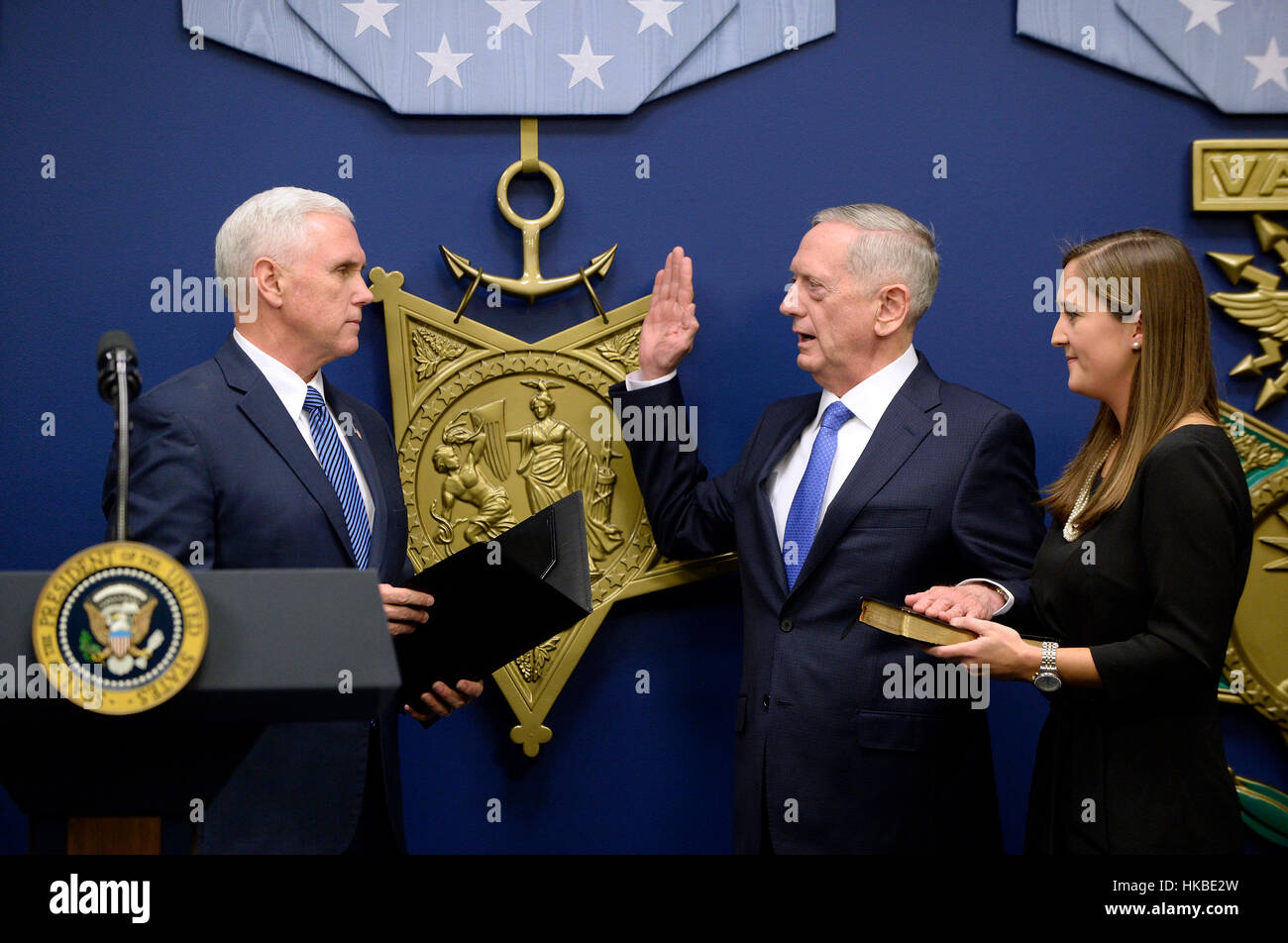 United States Vice President Mike Pence swears in US Marine Corps General James Mattis, retired, as US Secretary of Defense in the Hall of Heroes at the Department of Defense in Virginia, January 27, 2017. Credit: Olivier Douliery/Pool via CNP - NO WIRE SERViCE - Photo: Olivier Douliery/Consolidated/dpa Stock Photo