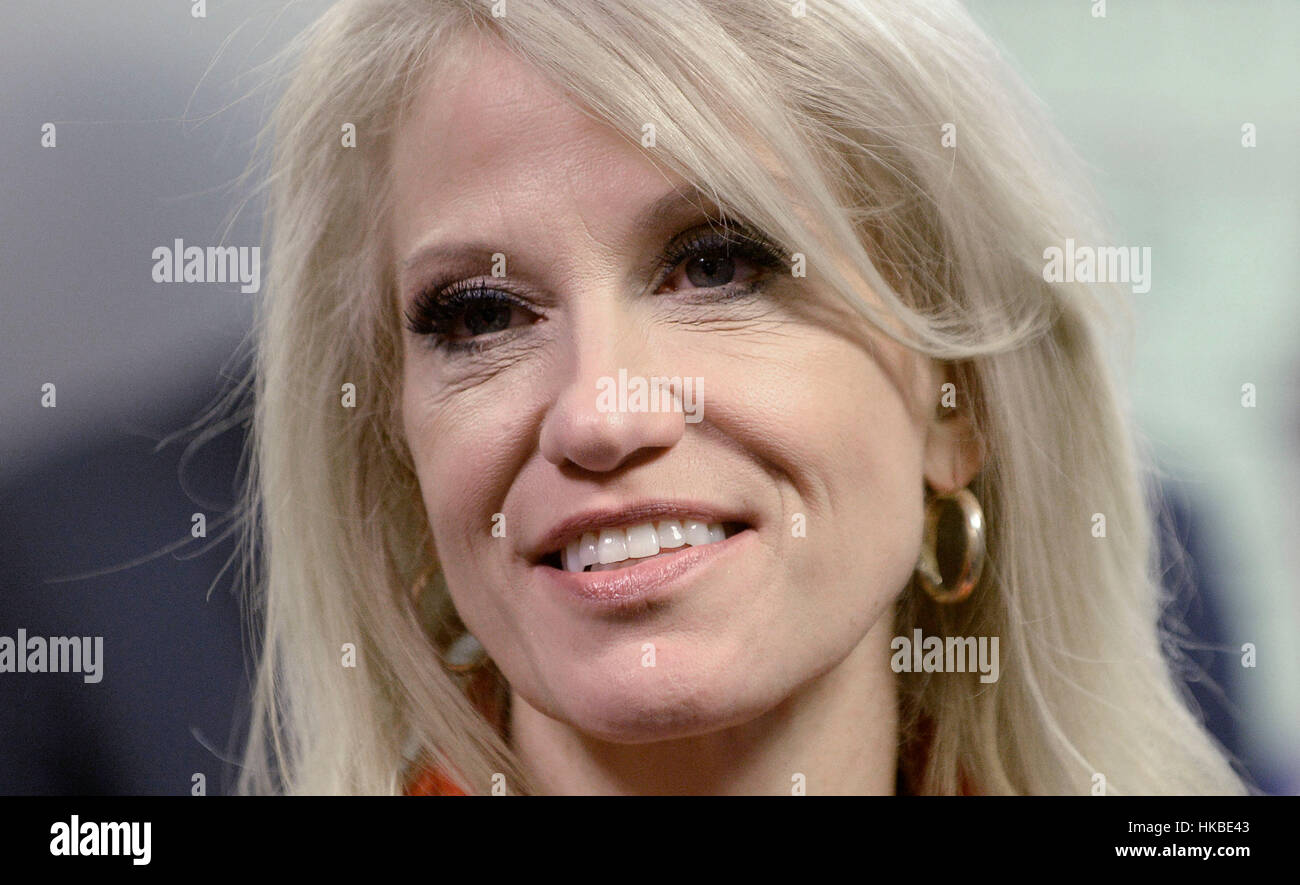 Washington, Us. 27th Jan, 2017. United States President Donald Trump's counselor Kellyanne Conway looks on in the Hall of Heroes at the Department of Defense in Virginia, January 27, 2017. Credit: Olivier Douliery/Pool via CNP - NO WIRE SERViCE - Photo: Olivier Douliery/Consolidated/dpa/Alamy Live News Stock Photo