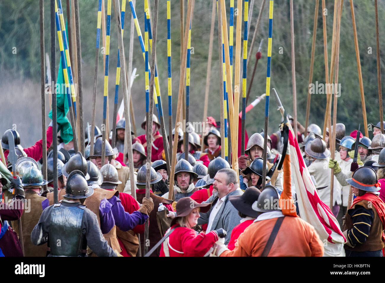 The Battle of Nantwich was fought during the First English Civil War, between the Parliamentarians and Royalists, northwest of the town of Nantwich in Cheshire on 25 January 1644. The Royalists under Lord Byron were besieging Nantwich, and Sir Thomas Fairfax led an army to relieve the town. As Fairfax approached, a sudden thaw caused the River Weaver to rise in spate, dividing Byron's cavalry from his infantry and artillery, who were overrun and destroyed by Fairfax. Stock Photo