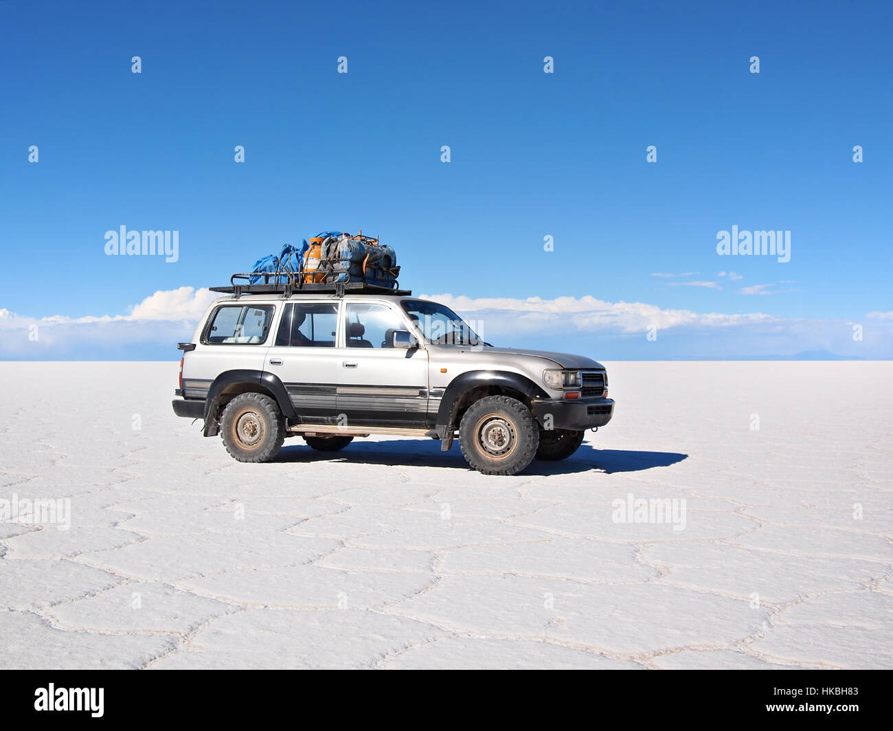 4wd expedition vehicle used for a multiple day tourist tour in the Atacama desert in Bolivia on the Salar de Uyuni. Stock Photo