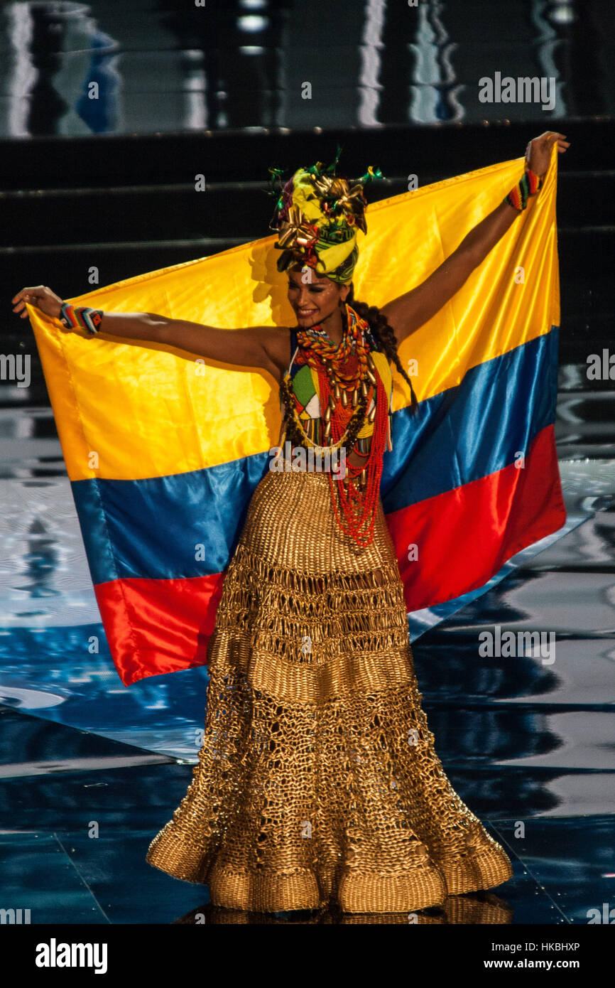 Pasay, Philippines. 26th Jan, 2017. Miss Columbia shows off her national  costume at the Arena in Pasay City. Candidates from different countries  showed off their national costumes during the Miss Universe pageant