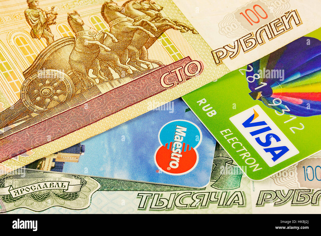 Part of the bank card cashless systems platezhnyhy Visa and Master Card and parts of Russian rubles banknotes Stock Photo