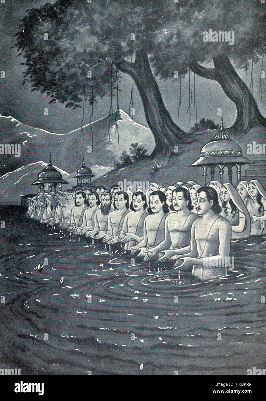 This historical artwork depicts relatives performing funerary rituals ...