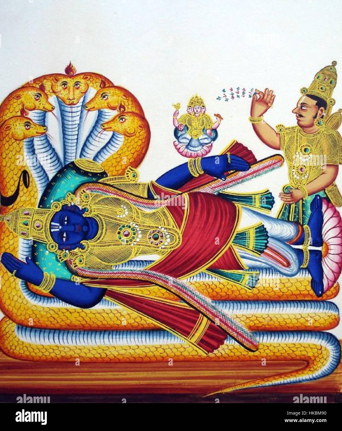 Ranganatha is a depiction of Vishnu in reclining posture, a central figure in Hindu mythology. This artwork captures traditional iconography associated with temple worship and devotional art. Stock Photo