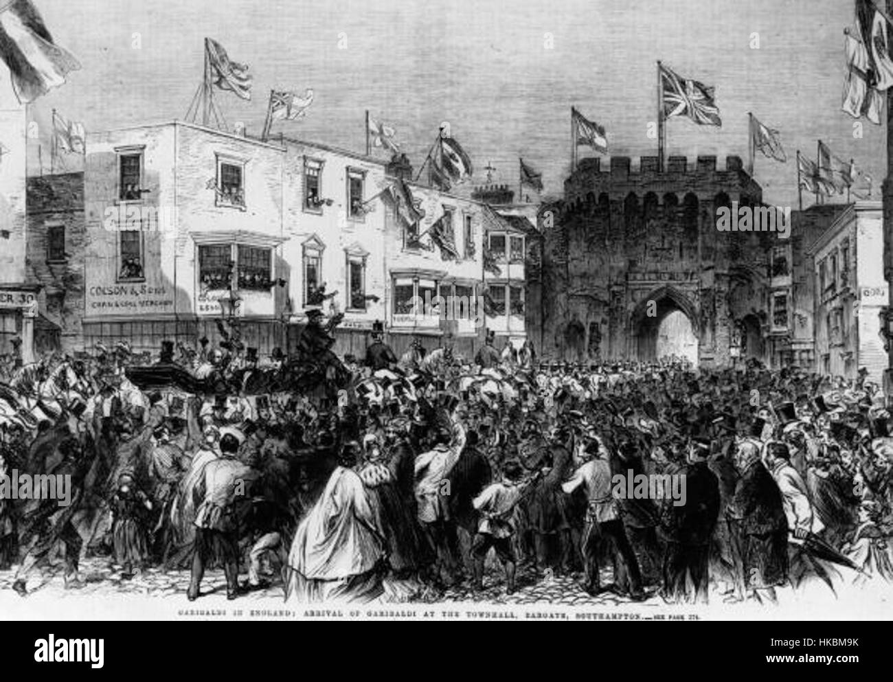 Italian patriot Giuseppe Garibaldi, (1807   1882), is welcomed by cheering crowds as he arrives at the Town Hall, Bargate, Southampton. Stock Photo