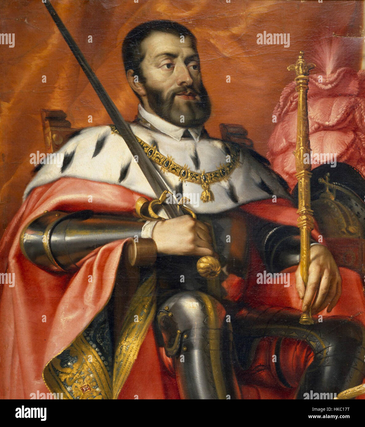 A portrait of Charles V by Arias, a classical oil painting showcasing the emperor’s regal attire and presence. The painting is a significant work in historical art, reflecting the power and influence of the Holy Roman Emperor. Stock Photo