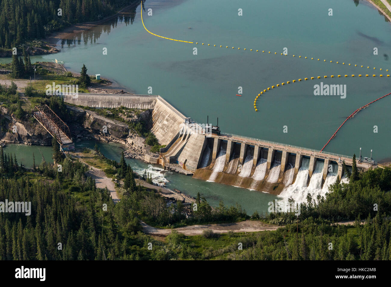 Horseshoe Falls and Kananaskis dams on the Bow River near Seebe set the