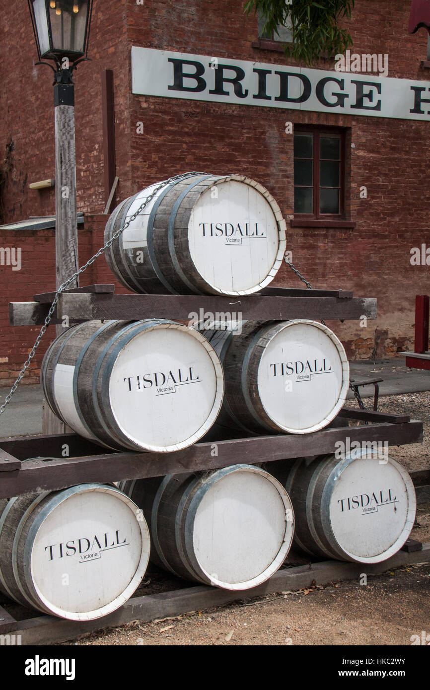 Six wine barrels stacked in tourist village at Echuca, Australia Stock