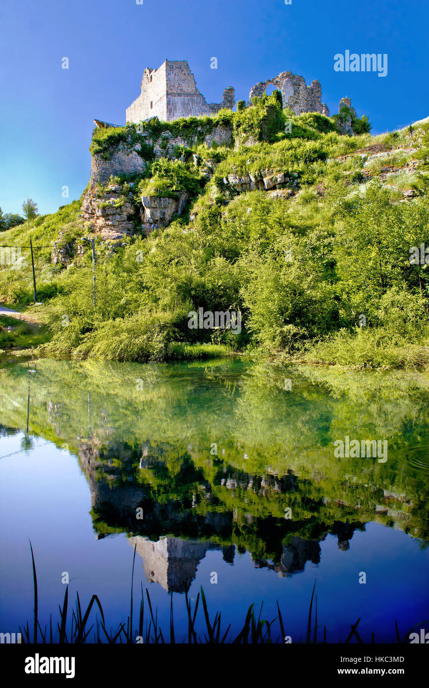 Slunj fortress ruins river reflection, Croatia Stock Photo