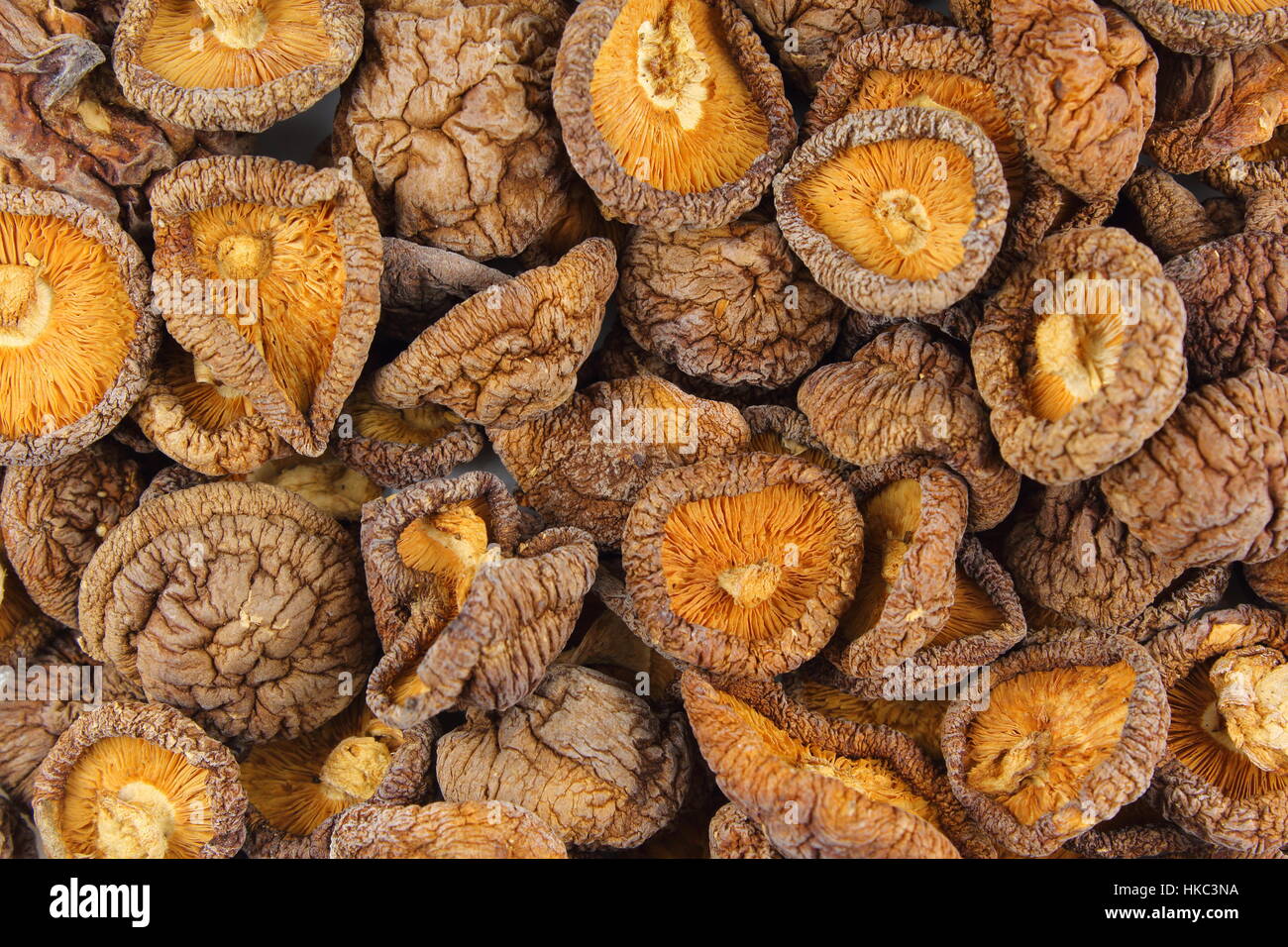 dried shiitake mushrooms closeup food background texture Stock Photo