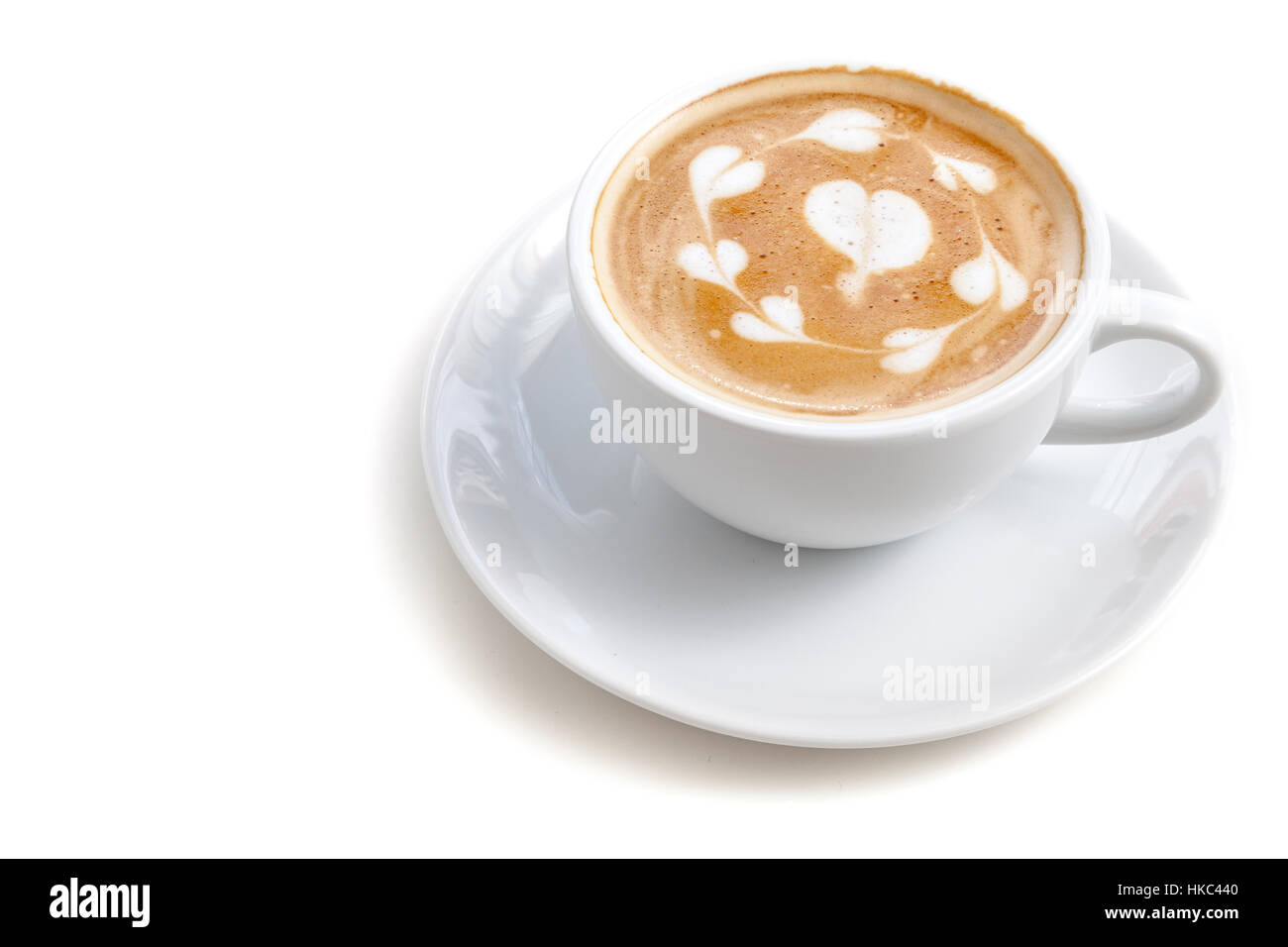 Coffee cup of latte art many heart shape on white background isolated, right alignment Stock Photo