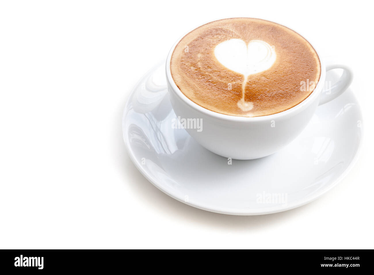Coffee cup of latte art heart shape on white background isolated, right alignment Stock Photo