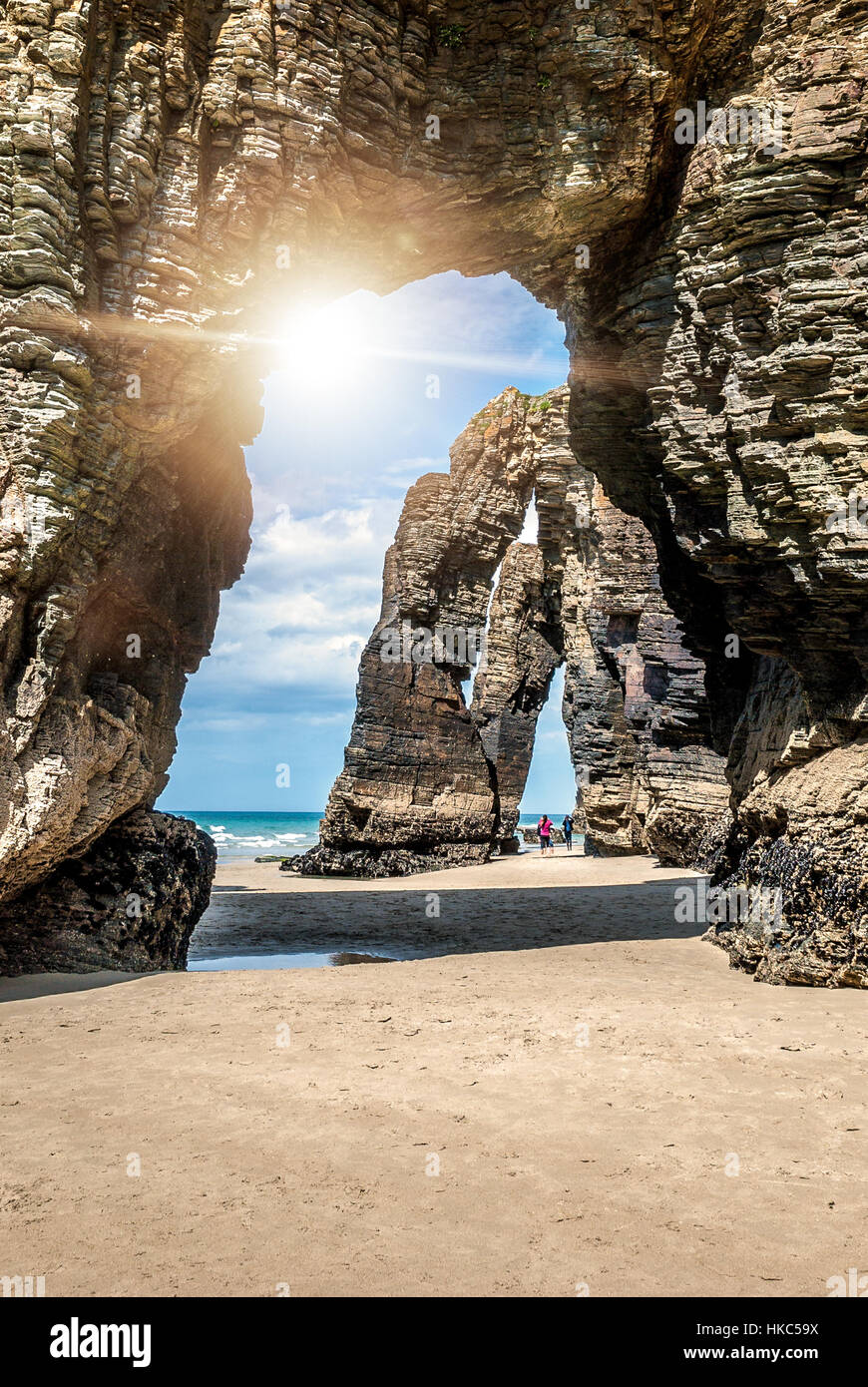 Natural rock arches Cathedrals beach (playa de las catedrales) Spain Atlantic ocean. Famous beach in Northern Spain. Natural rock arch on Cathedrals b Stock Photo