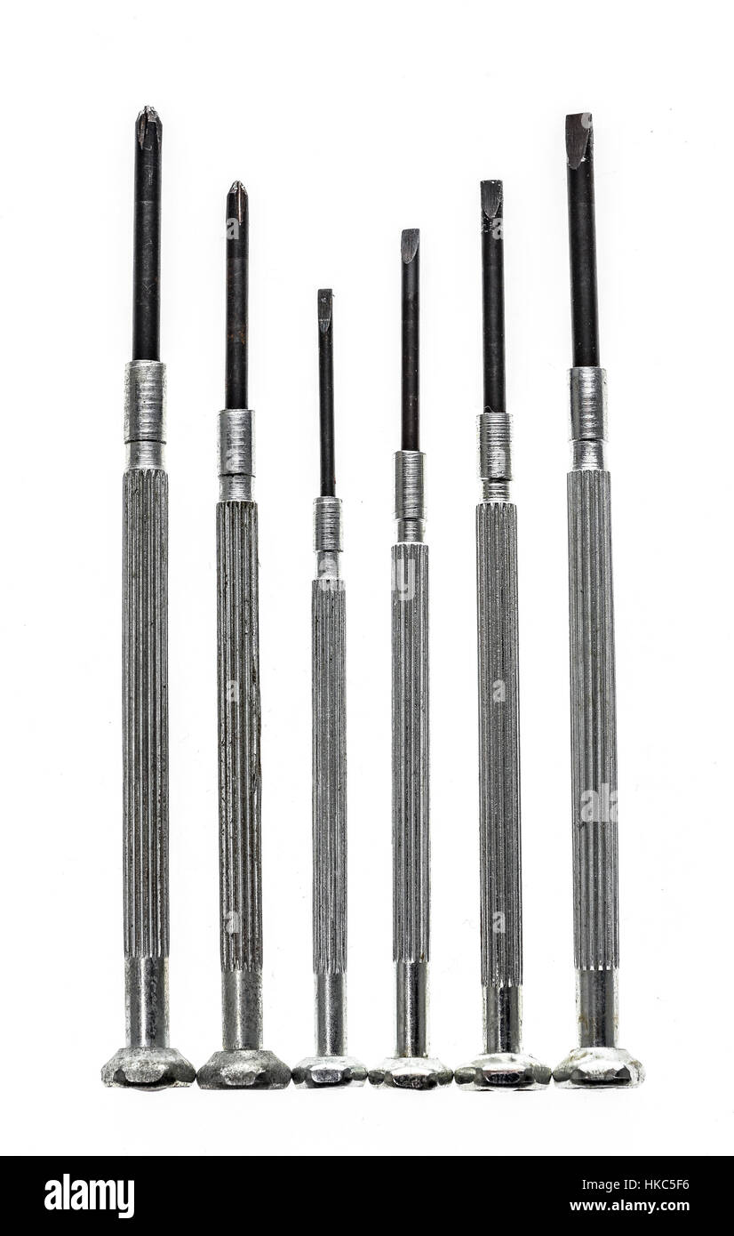 Six piece precision screwdriver set. Different sizes of screwdrivers