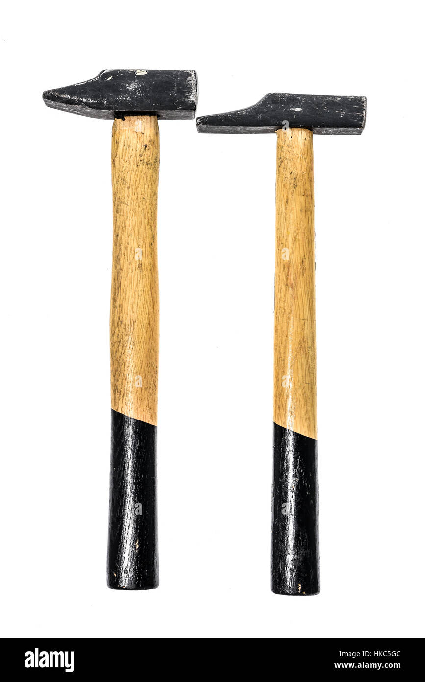 Two old, used hammers isolated on a white background. Black and yellow