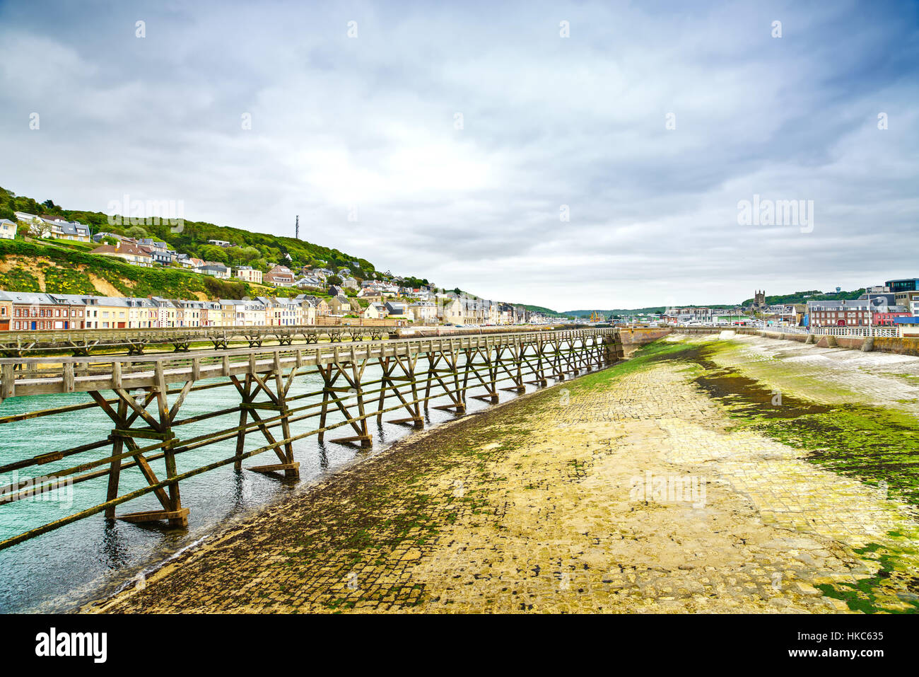 Wooden Pier in Fecamp village harbor. Normandy France, Europe Stock Photo