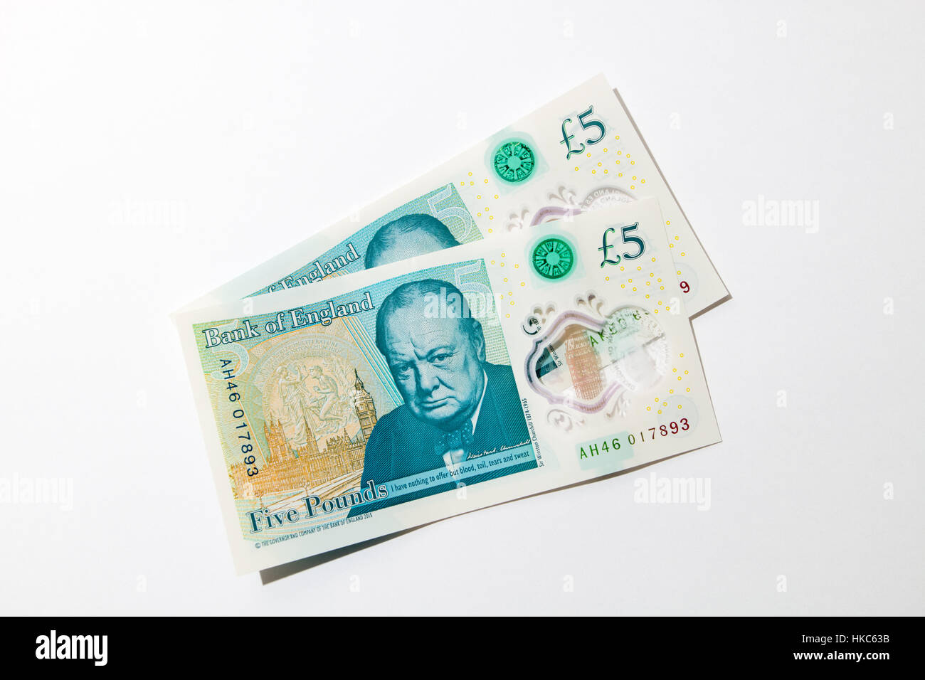 Winston Churchill's portrait  on the reverse face of the new polymer five pound note. Stock Photo