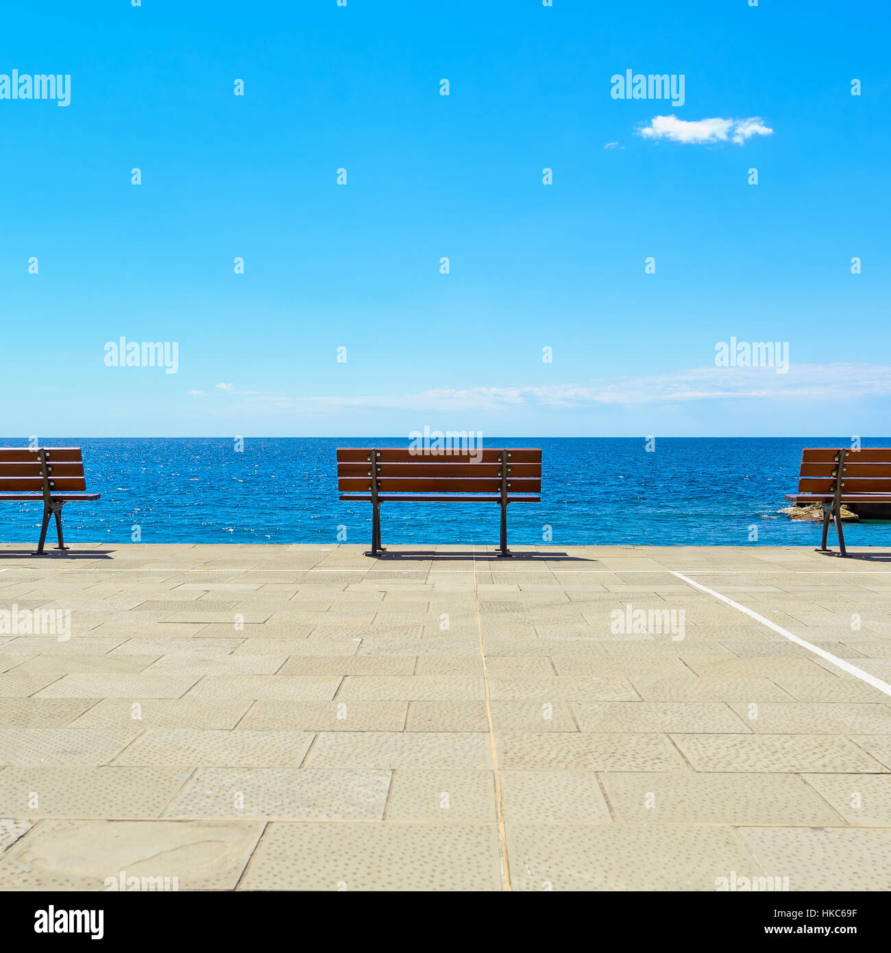 Ocean abstract, bench and terrace floor. Ligury, Italy Stock Photo