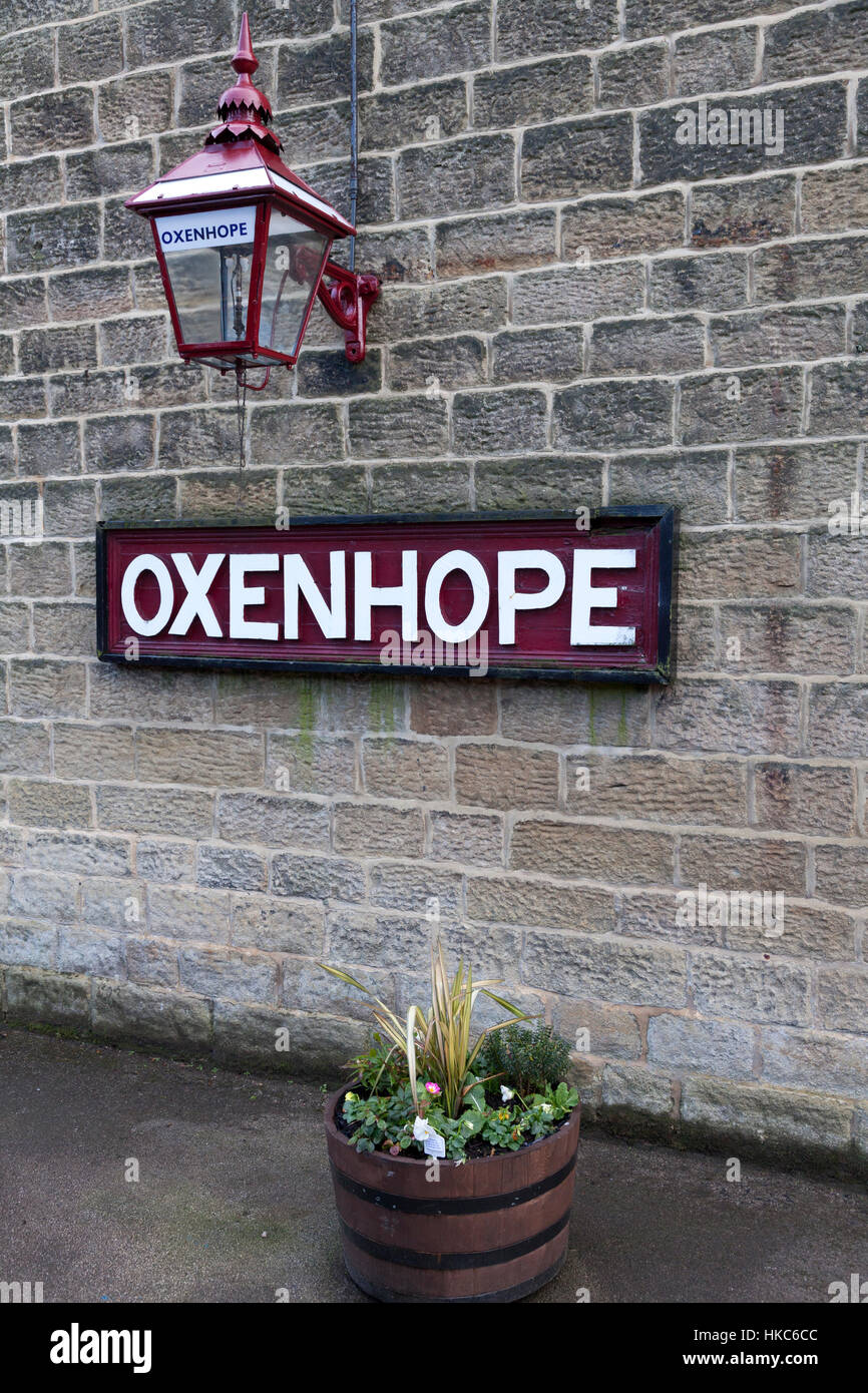 Station nameplate and lantern, Oxenhope, West Yorkshire Stock Photo