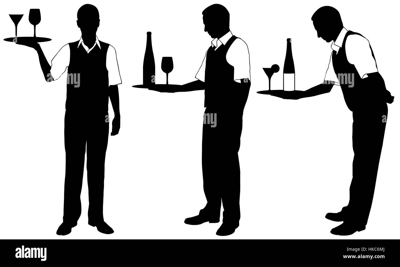 Set of different waiters with trays isolated Stock Photo