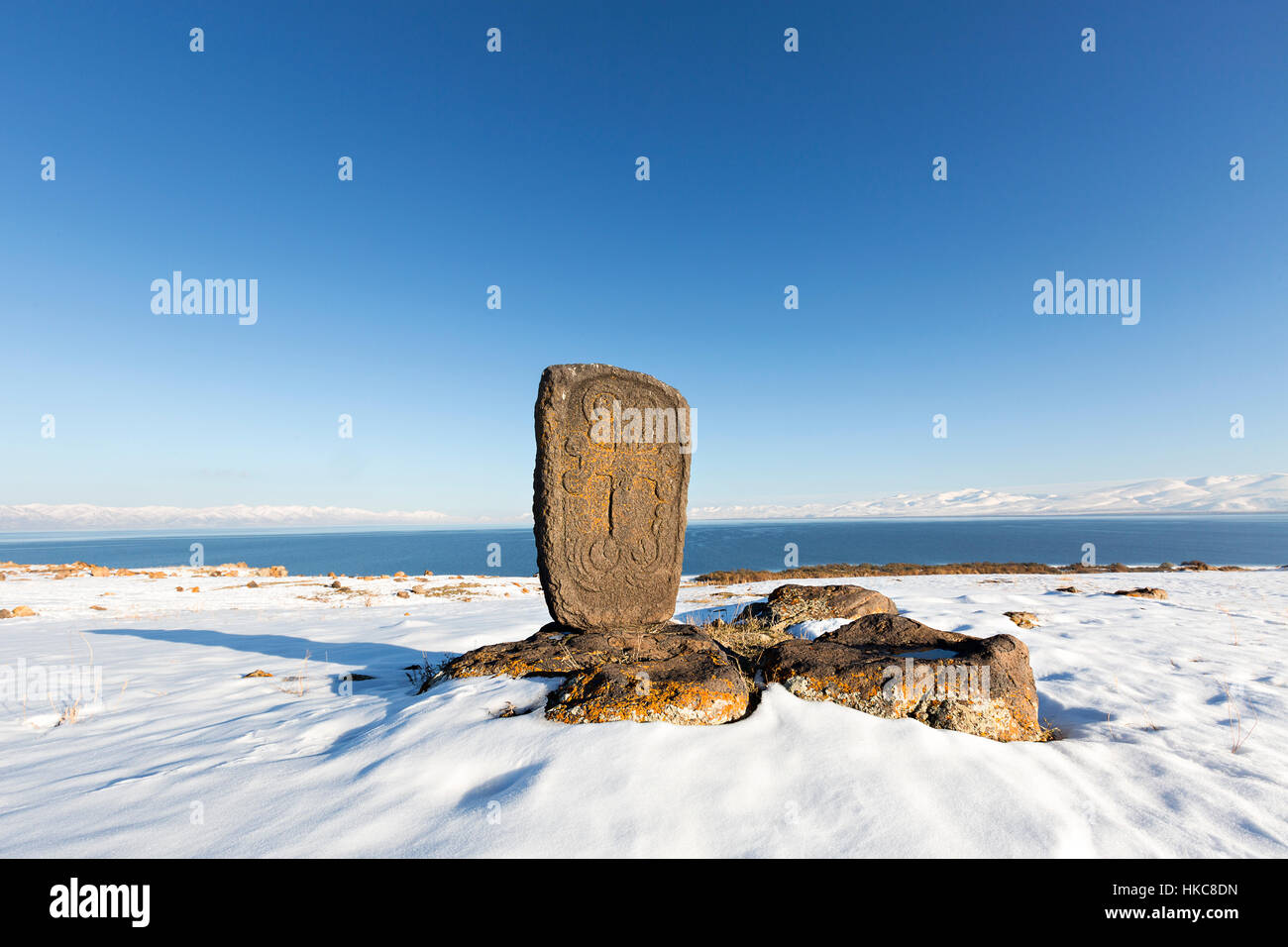 Tombstone known as Khachkar at the Lake Sevan area in Armenia Stock Photo