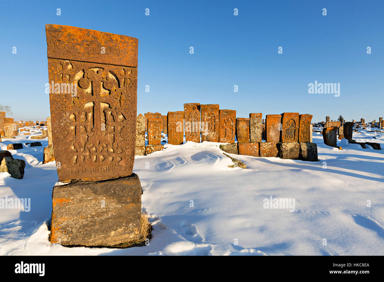 Headstones known as Khachkars in the historical cemetery of Noratus in Armenia Stock Photo